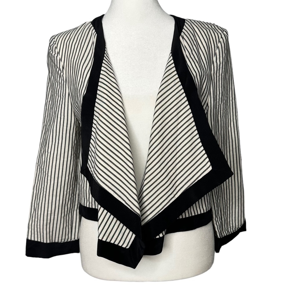 TiBi New York Black Ivory Striped Open Cotton Blend Jacket